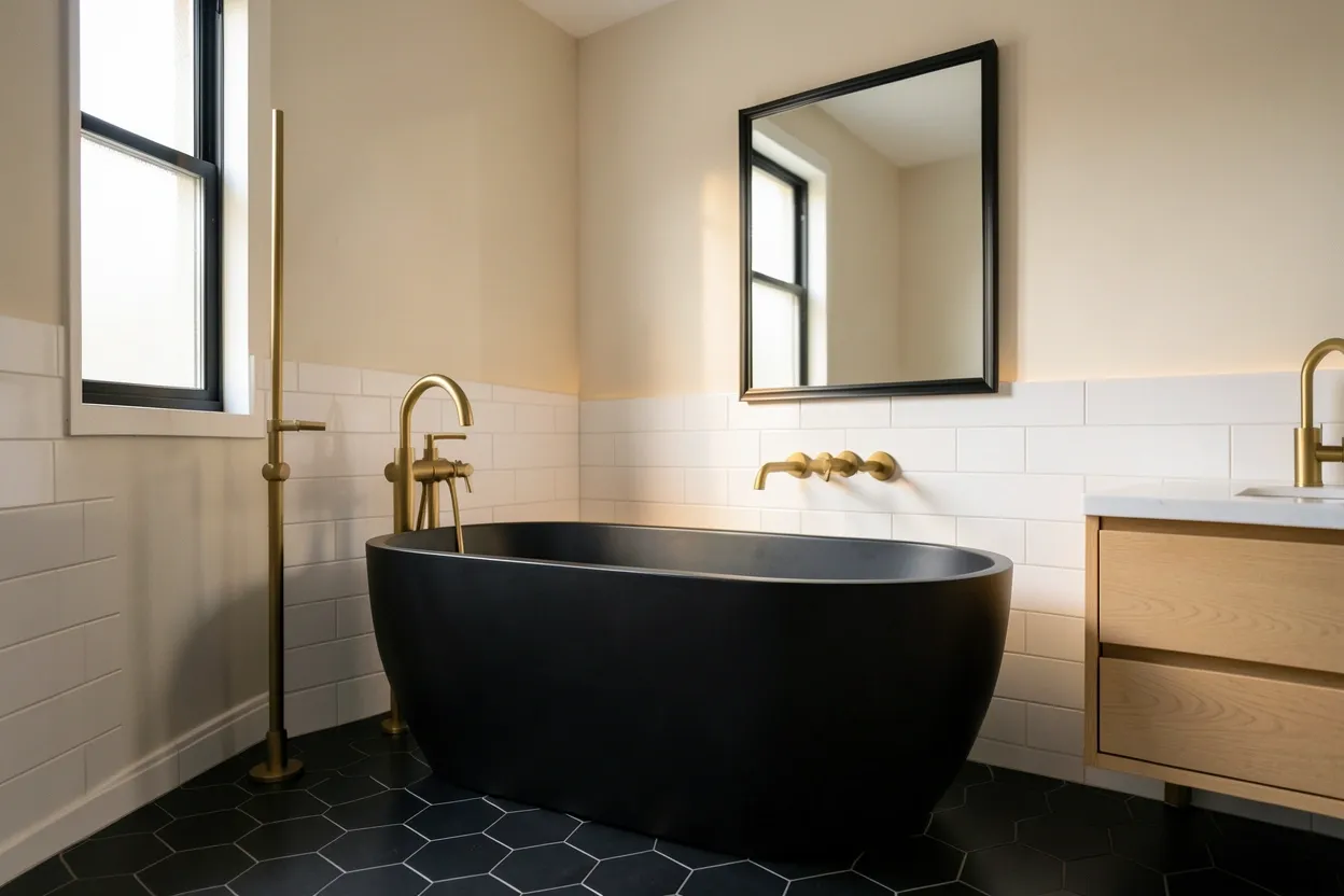 Bold black bathroom with matte black tiles, brass fixtures, and dramatic lighting for a modern rental look