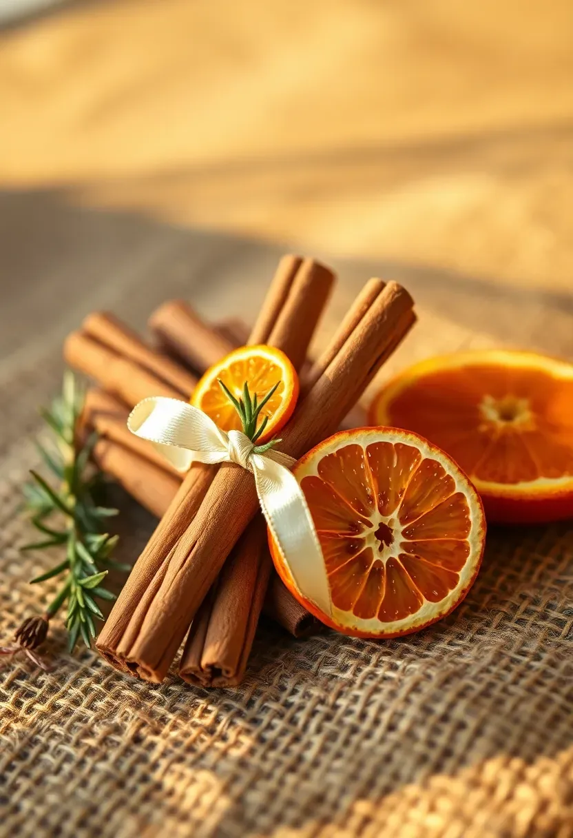 bundle of cinnamon sticks tied with cream ribbon and a dried orange slice on a burlap surface