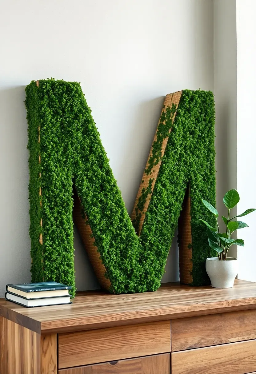 large wooden letter covered in preserved moss leaning against a white wall