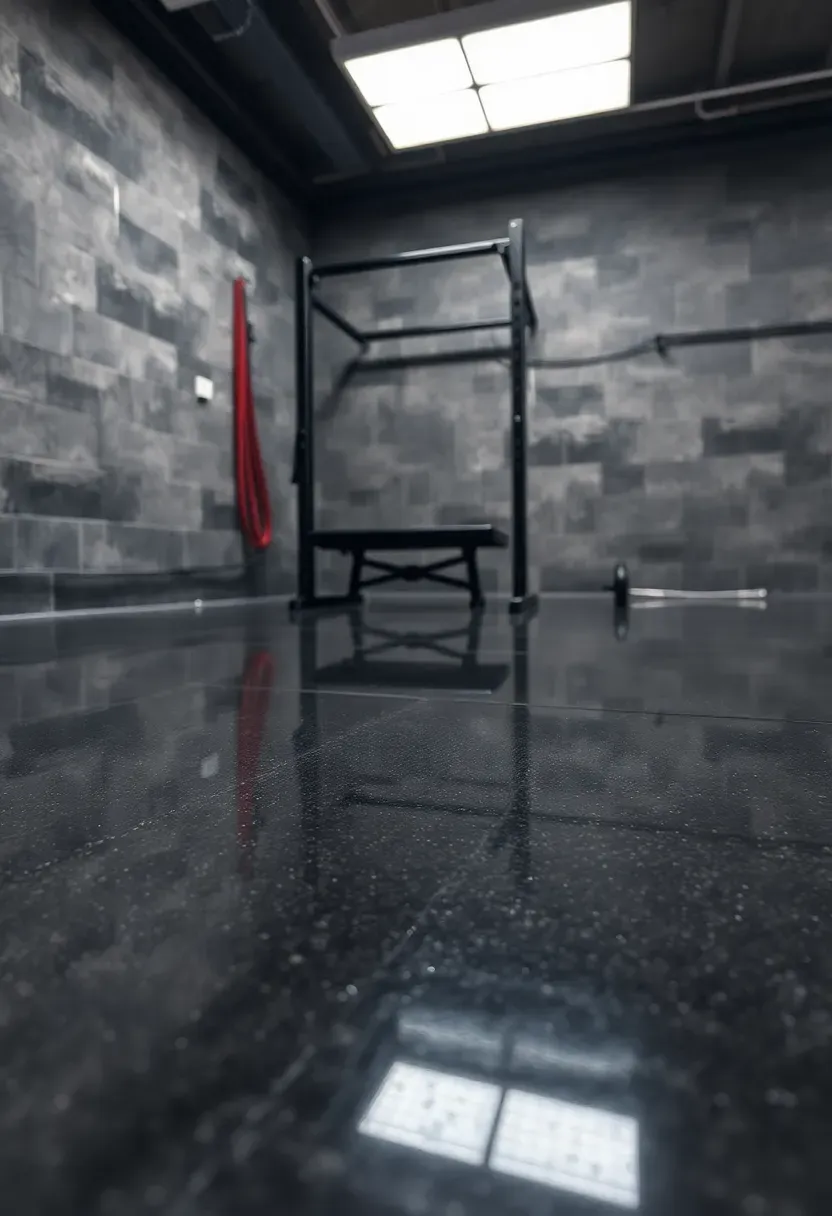 Basement gym floor coated in dark grey epoxy with metallic flake finish, squat rack and bench visible on the glossy surface