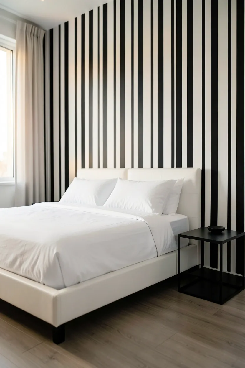 Geometric black and white patterned wallpaper on a bedroom accent wall with solid white bedding and minimal furniture