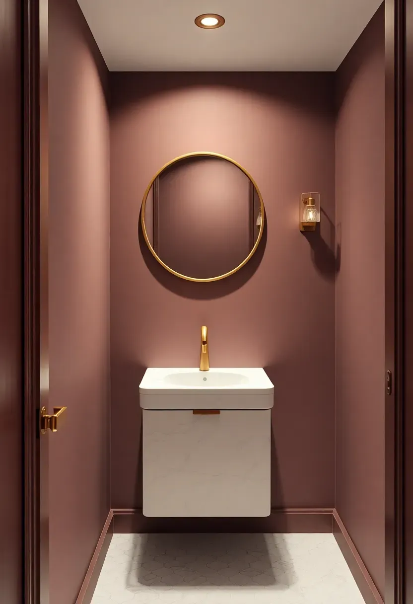 elegant powder room painted in smoked mauve with marble countertop and matte gold fixtures