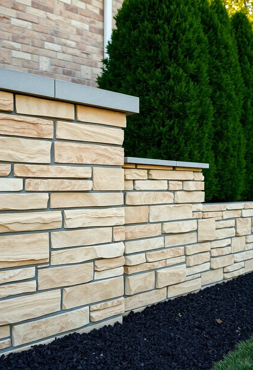 Stone veneer panels installed over an existing cinder block wall in a backyard with warm sandstone tones and green hedging in the background
