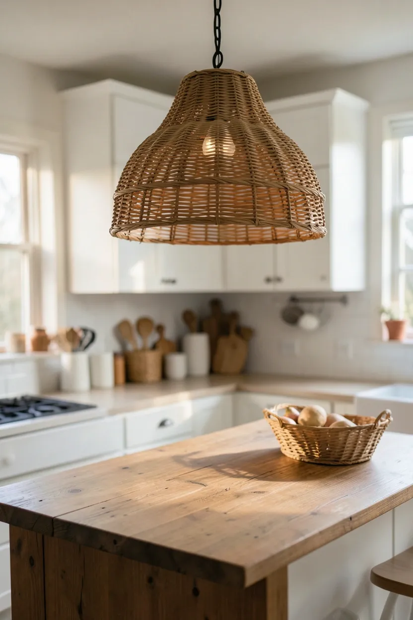 Large woven rattan pendant lights hanging over a kitchen island, casting warm shadows across natural wood and stone surfaces