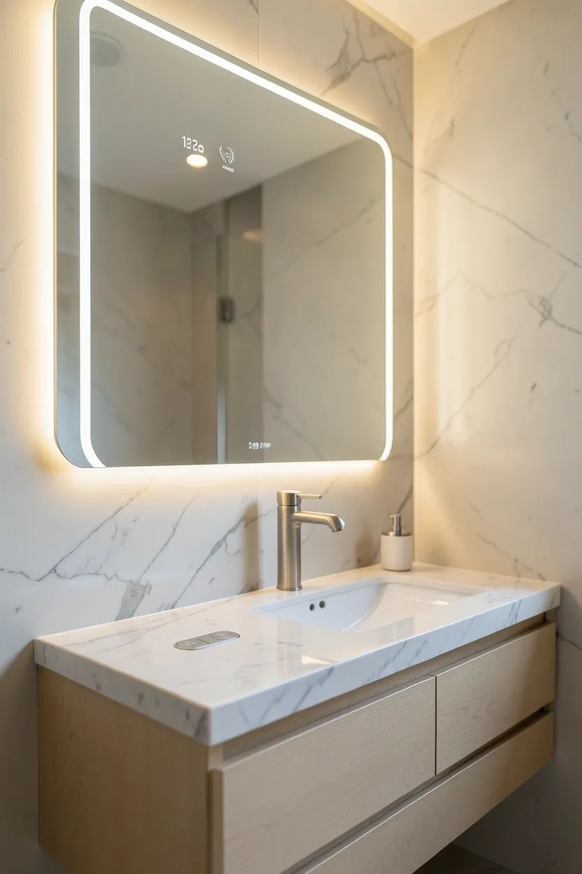 Large smart mirror with integrated LED lighting and defogging feature above a minimal bathroom vanity