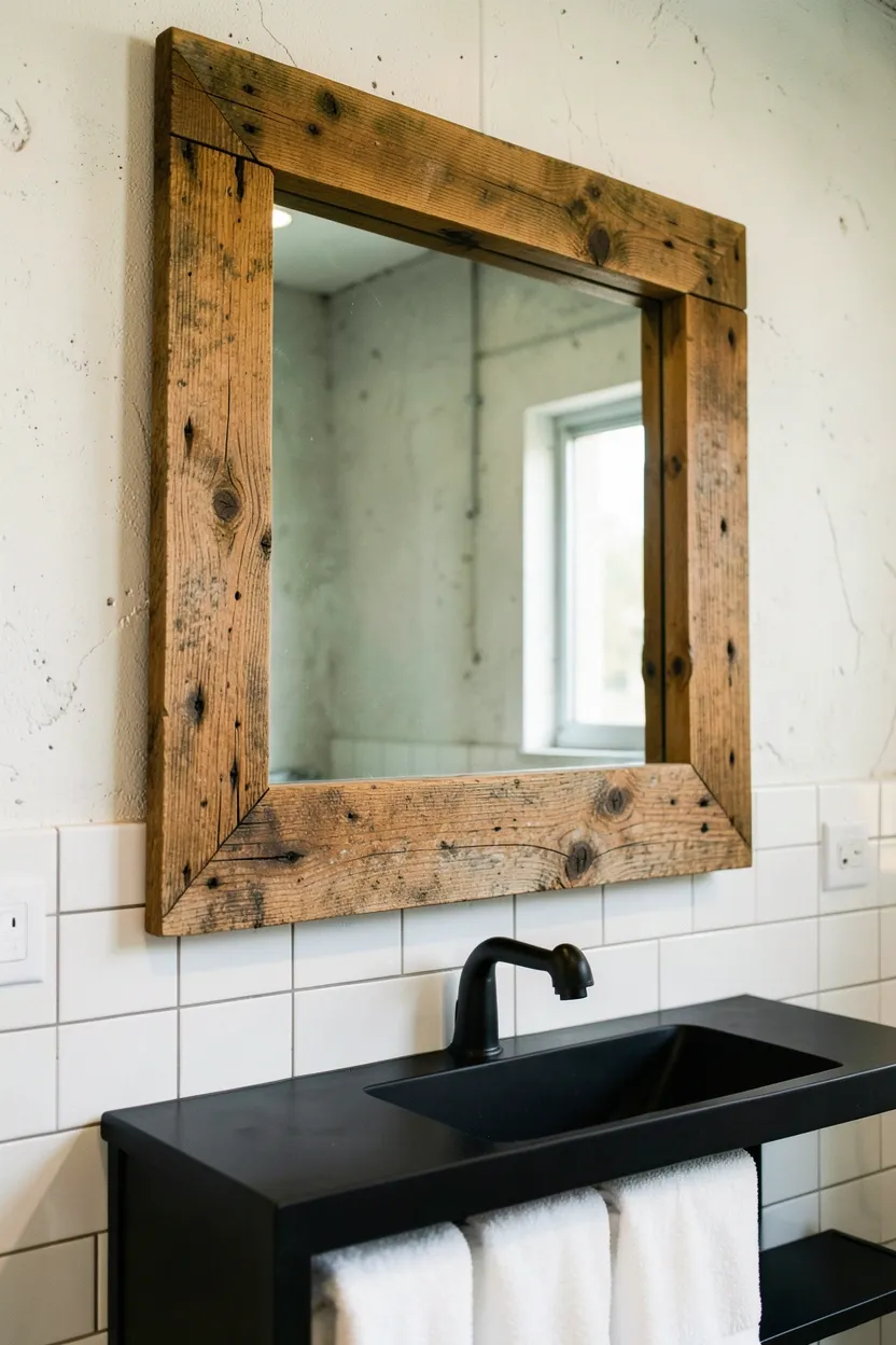 Hyper-realistic eye-level photograph of large mirror with reclaimed wood frame mounted on white concrete wall. Weathered oak planks in varying brown tones forming frame, visible nail holes and grain, industrial glass with slight green tint, matte black vanity with white towels below, subway tile wall. Materials: aged reclaimed oak wood with visible grain and knots, industrial glass, white painted concrete, matte black metal vanity, white cotton towels, white ceramic tiles. Natural ambient light, warm industrial atmosphere. Shallow depth of field, sharp details on wood aging and frame construction, balanced composition showing mirror and vanity. No text, no logos, no watermarks.</p>