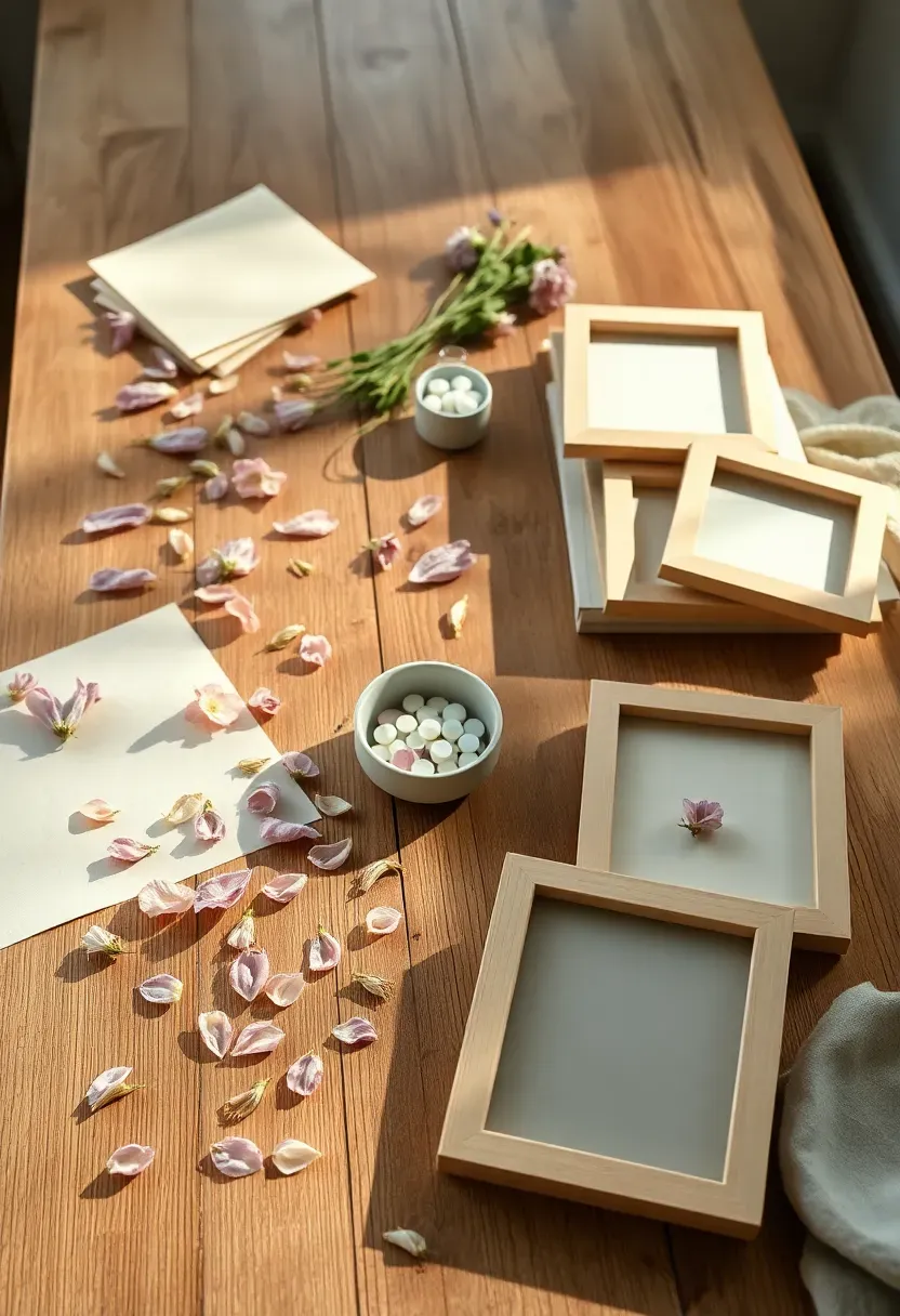 pressed flower craft station at a baby shower with flowers parchment and wooden frames