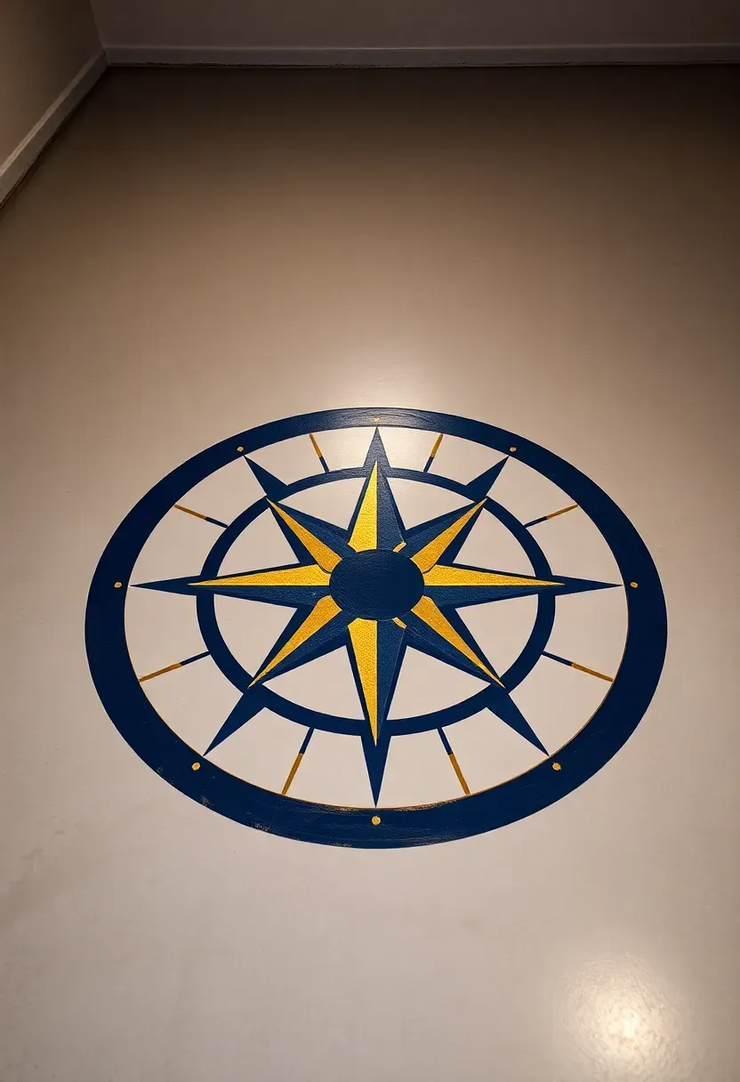 Painted compass rose medallion design in the center of a basement floor with radiating directional points in navy and gold on gray