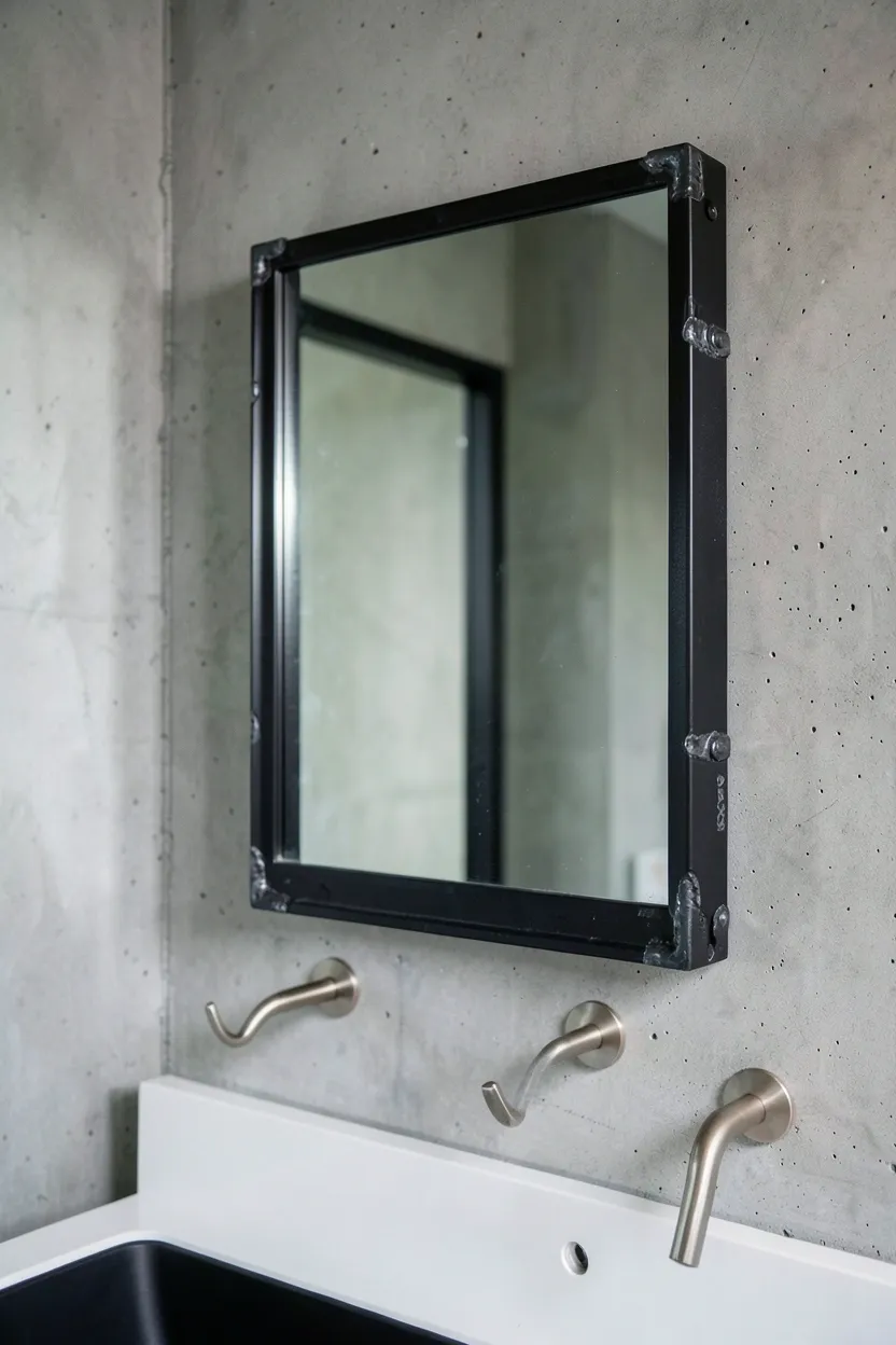 Hyper-realistic eye-level photograph of large rectangular mirror with black industrial metal frame mounted on polished concrete wall. Visible welding joints at frame corners, industrial-style glass with slight green tint, brushed nickel towel hooks below, white concrete vanity with black sink visible in reflection. Materials: matte black metal frame with welding marks, industrial glass, polished concrete wall, brushed nickel hooks. Natural ambient light, modern industrial atmosphere. Shallow depth of field, sharp details on frame construction and concrete texture, balanced composition showing mirror and vanity reflection. No text, no logos, no watermarks.</p>