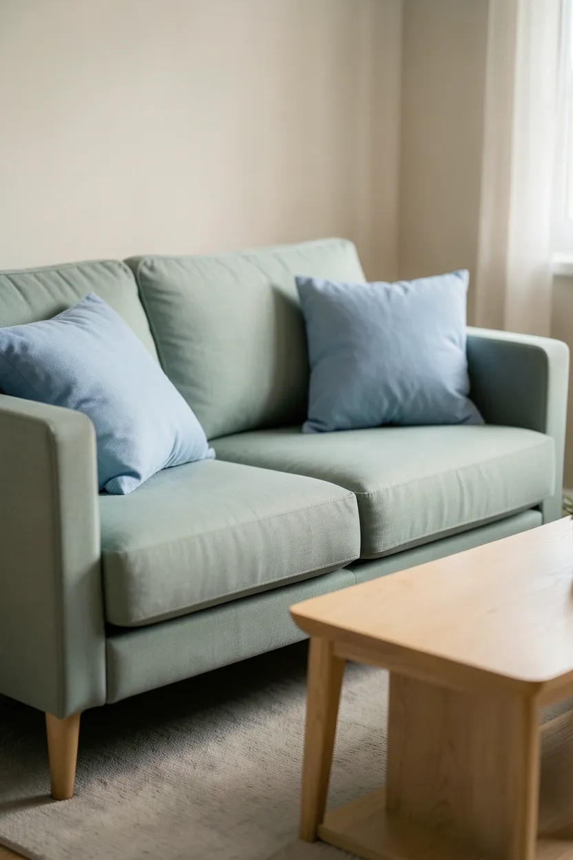 Powder blue mid-century accent chair with sage green knit throw draped over the arm in a cozy minimalist rental living room