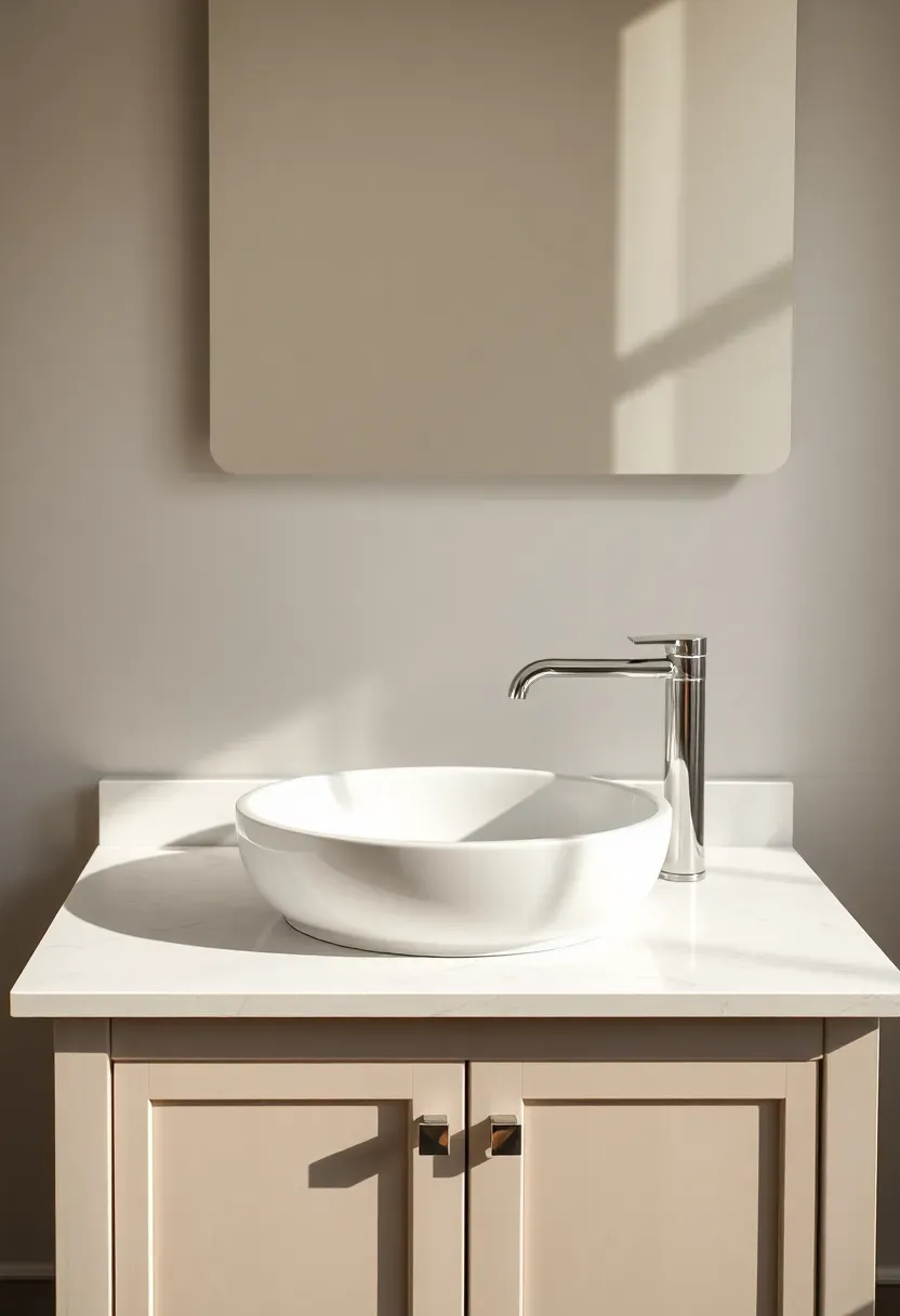 Wooden decorative tray on a bathroom vanity countertop holding soap dispenser, lotion, and small plant — organized countertop display in a rental apartment