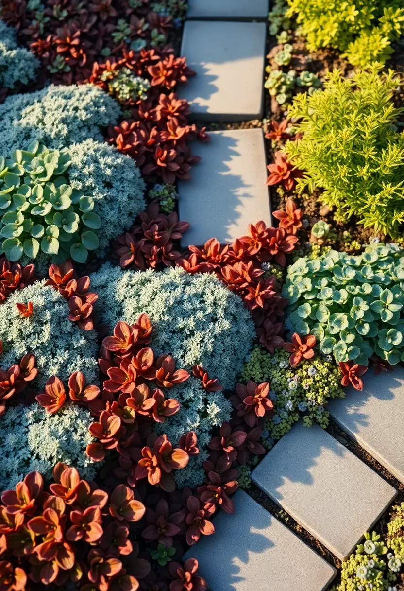 A backyard tapestry garden of mixed low ground covers including ajuga, sedum, and woolly thyme in varying greens, bronzes, and silvers, seen from above