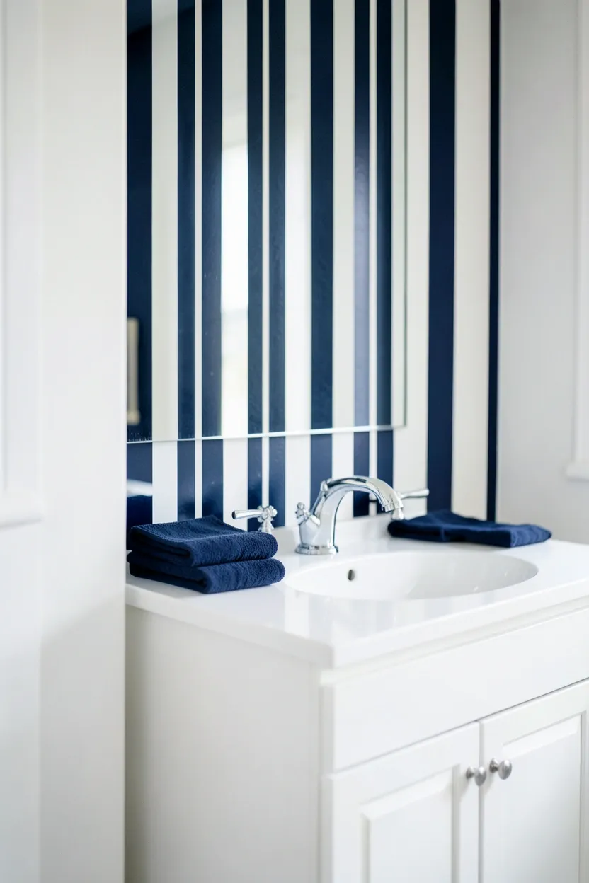Toca Boca modern bathroom with navy and white candy stripe accent wall behind white vanity