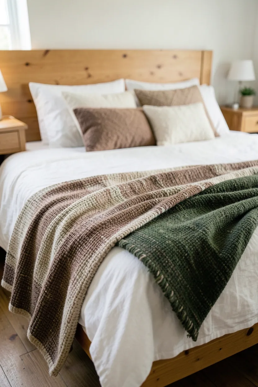 Hyper-realistic eye-level photograph of bed featuring handwoven textile throws in natural earth tones. Three throws in muted browns, creams, and forest greens with visible weave patterns, white linen sheets underneath, wooden bed frame, two nightstands, natural light. Materials: handwoven cotton and wool throws with visible texture, white linen sheets, pine bed frame. Natural morning light, artisanal cozy atmosphere. Shallow depth of field, sharp details on weave textures, balanced composition showing bed styling. No text, no logos, no watermarks.</p>