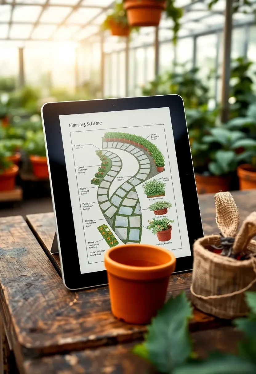 Detailed landscape planting plan generated in Lands Design software showing labeled plant species around a curved garden path