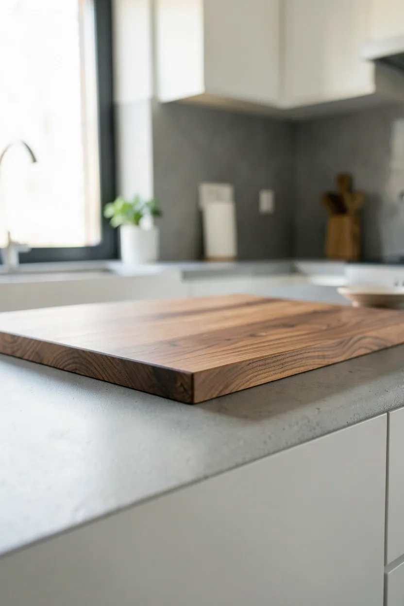 Smooth gray concrete countertops with integrated warm oak wood cutting board accent in an organic modern kitchen