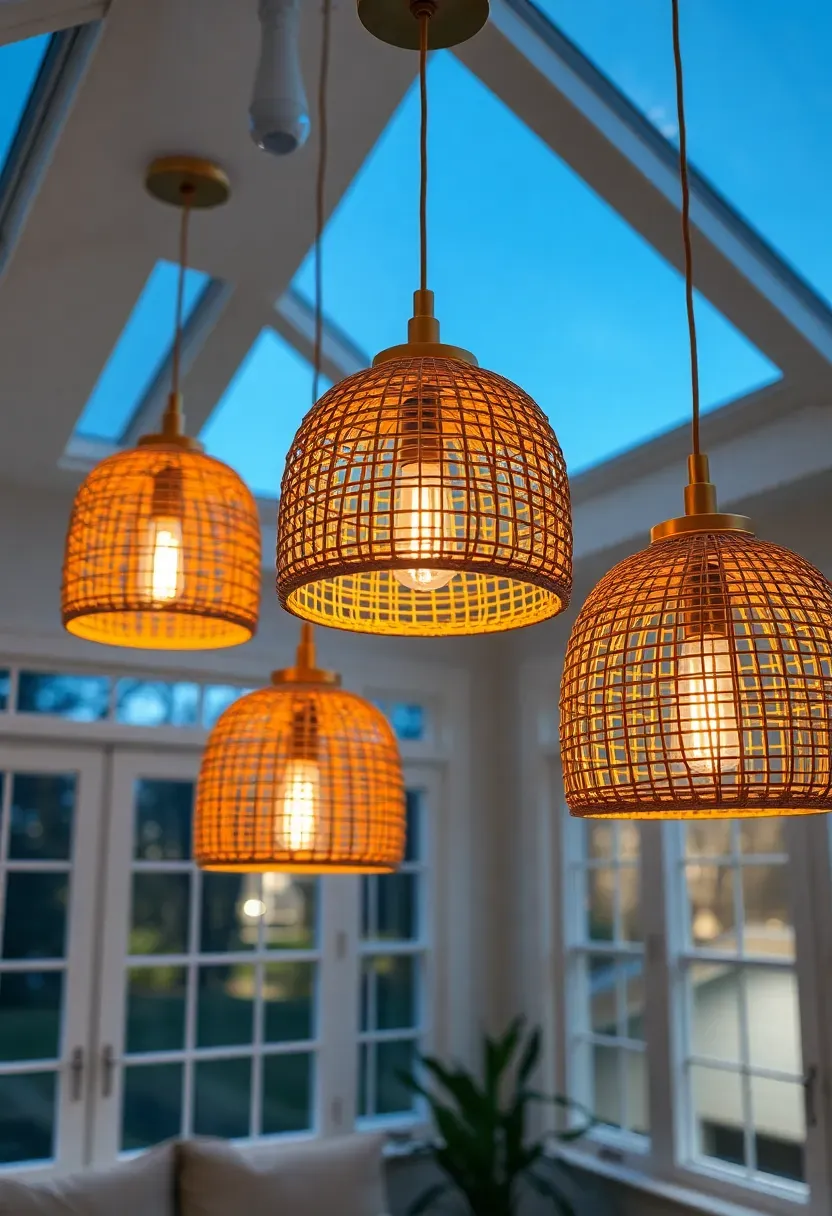 Three pendant lights with woven rattan shades and brass fittings hanging at staggered heights above a sunroom seating area at dusk with warm amber glow