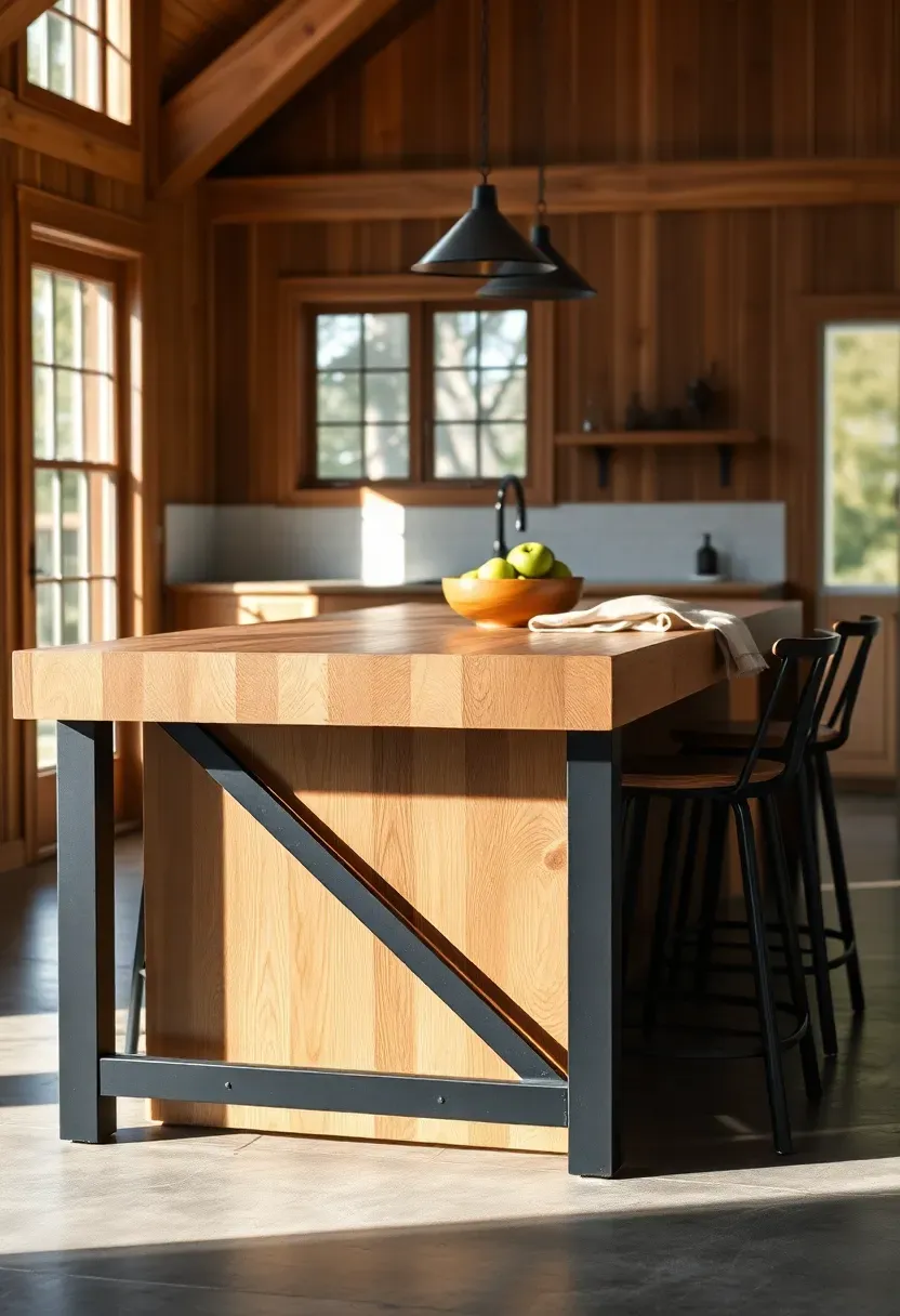 large butcher block kitchen island with bar seating and black metal base in a barndominium