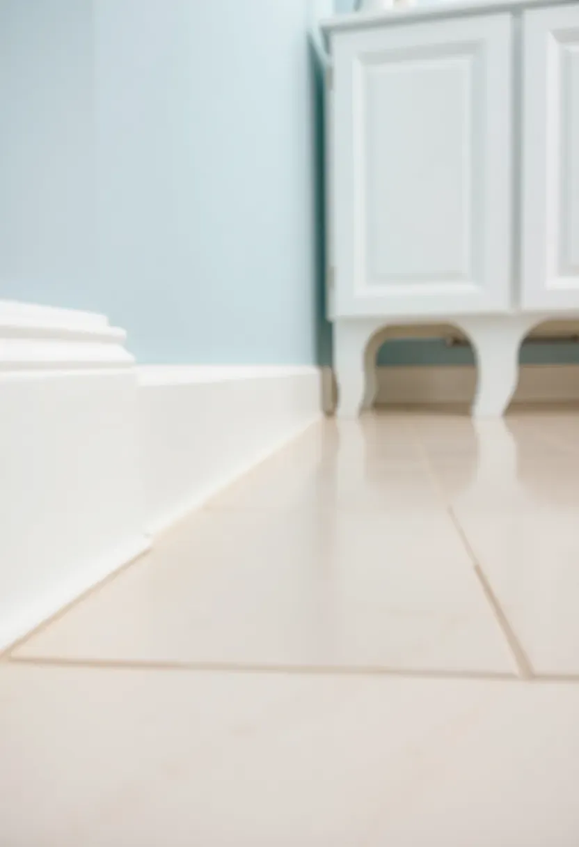 MDF baseboard with a glossy white epoxy coating in a bathroom with pale blue walls and ceramic tile floor