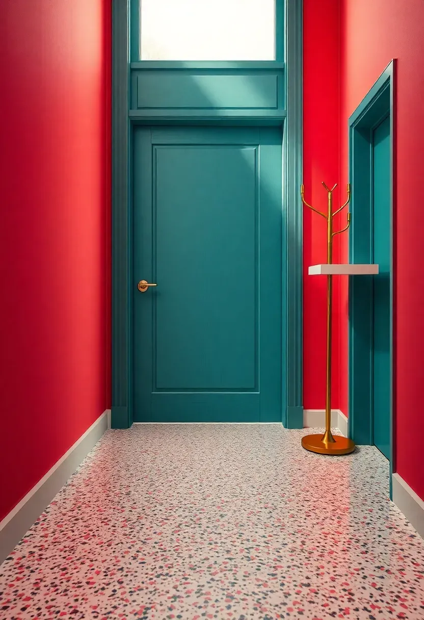 Bold entryway with a saturated coral accent wall, contrasting teal door, terrazzo floor, and modern brass coat tree
