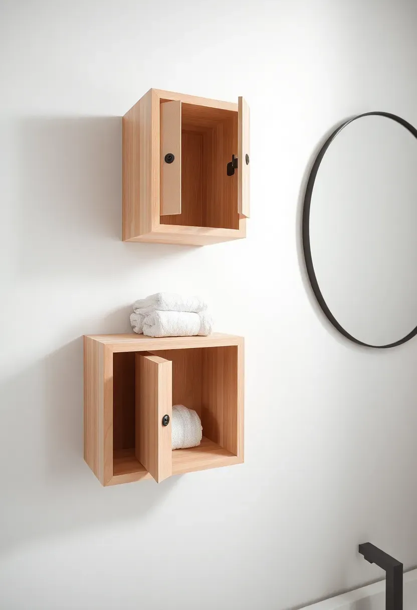 Three wall-mounted wooden cube shelves with cabinet doors in a minimalist bathroom next to a round mirror