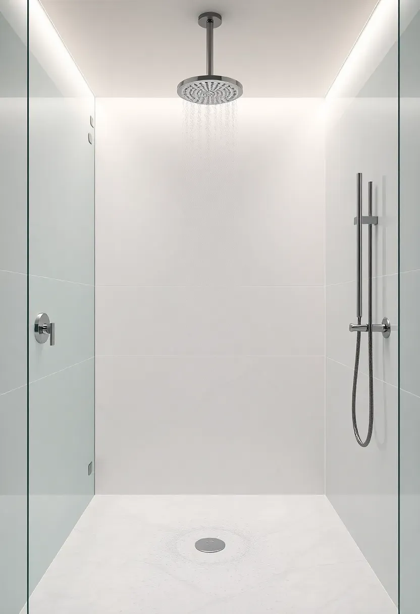 Ceiling-mounted rainfall showerhead with separate handheld wand on slide bar in a marble tile shower