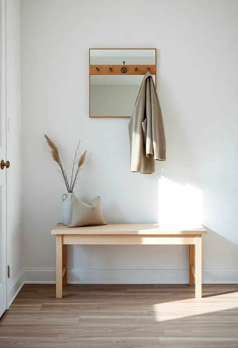 Hyper-realistic view of minimalist Scandinavian entryway showing lagom principle. White oak bench with single linen cushion, one ceramic vessel, one coat hook with single wool coat, mirror above. Abundant negative space around each object. White walls, light oak flooring. Materials: white oak, natural linen, handmade ceramic, wool coat. Soft natural light from window, each object having breathing room. Balanced minimalist mood with neutral palette. Shallow depth of field, sharp details on objects, intentional negative space, no clutter.</p>