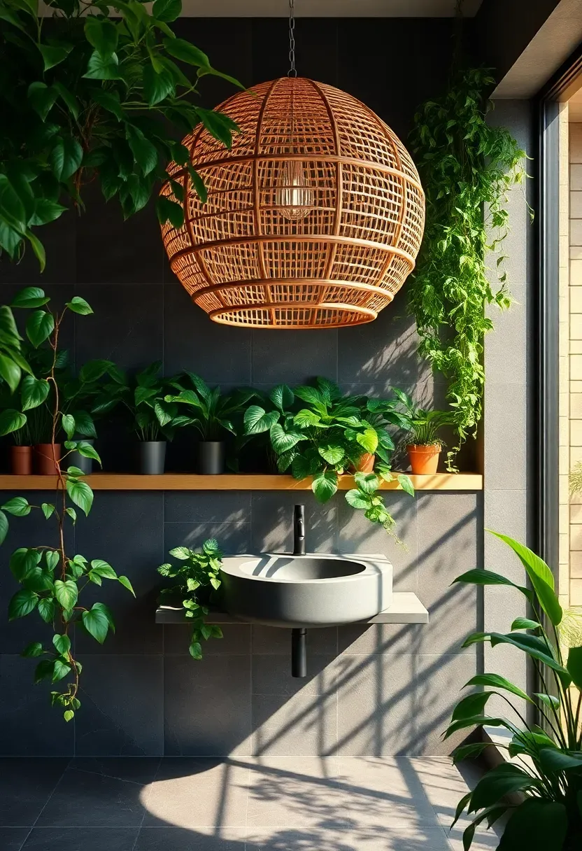 Large natural rattan globe pendant light in a tropical-inspired bathroom with green plants and stone tile