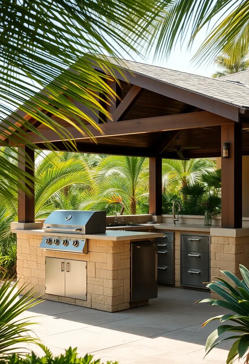 Large covered outdoor kitchen island with a built-in grill, sink, storage drawers, and a hip roof overhead surrounded by tropical landscaping