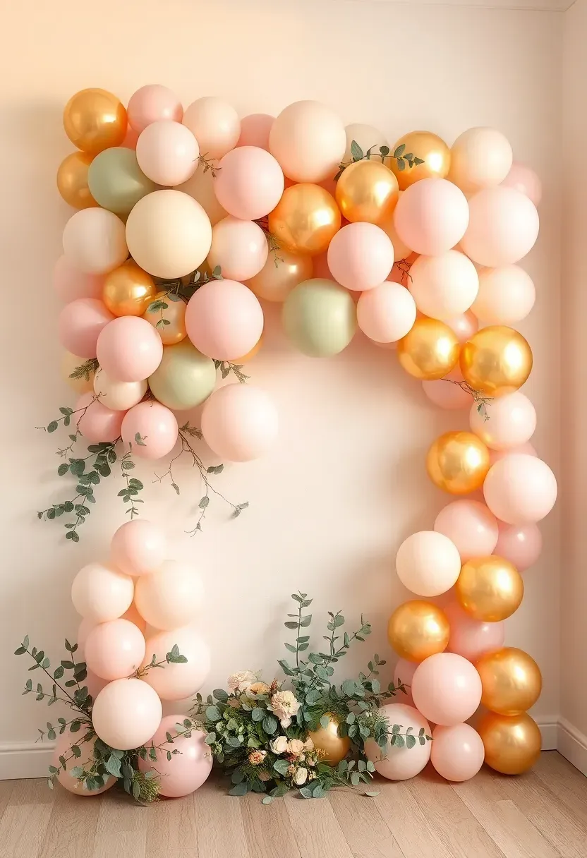 pastel balloon garland photo backdrop wall at a baby shower with organic balloon clusters in blush pink, cream, sage, and gold