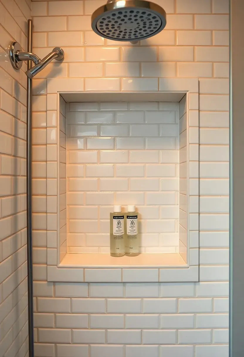 Tiled recessed shower niche with contrasting mosaic tile holding shampoo bottles in a small rental bathroom