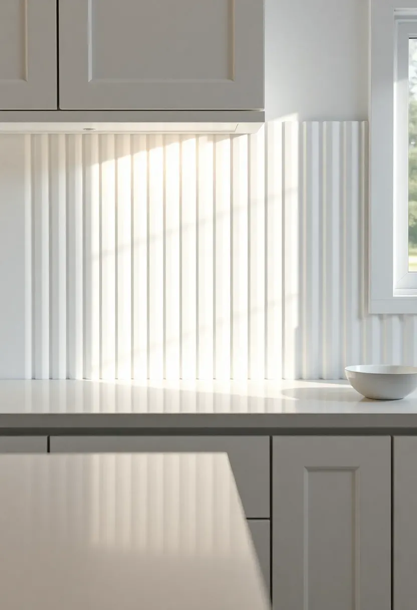 white fluted porcelain panel backsplash with vertical ridges creating shadow lines in a modern white kitchen