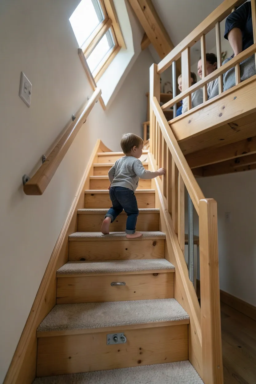 Tiny house loft staircase with built-in wooden drawer steps, handrails on both sides, and safety gate at top for toddler-safe access to sleeping loft