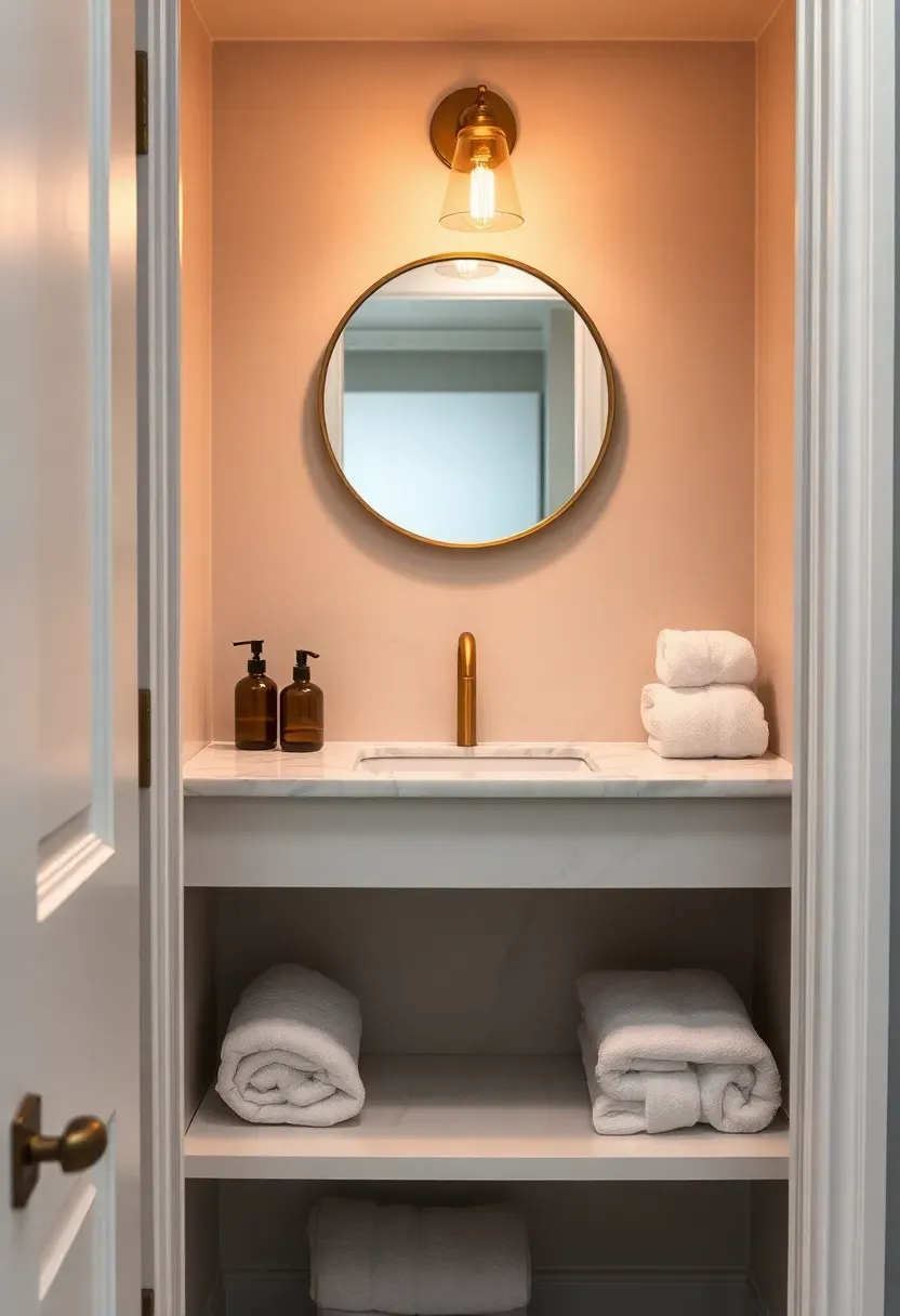Bathroom closet with a built-in vanity nook at counter height featuring a mirror and small countertop