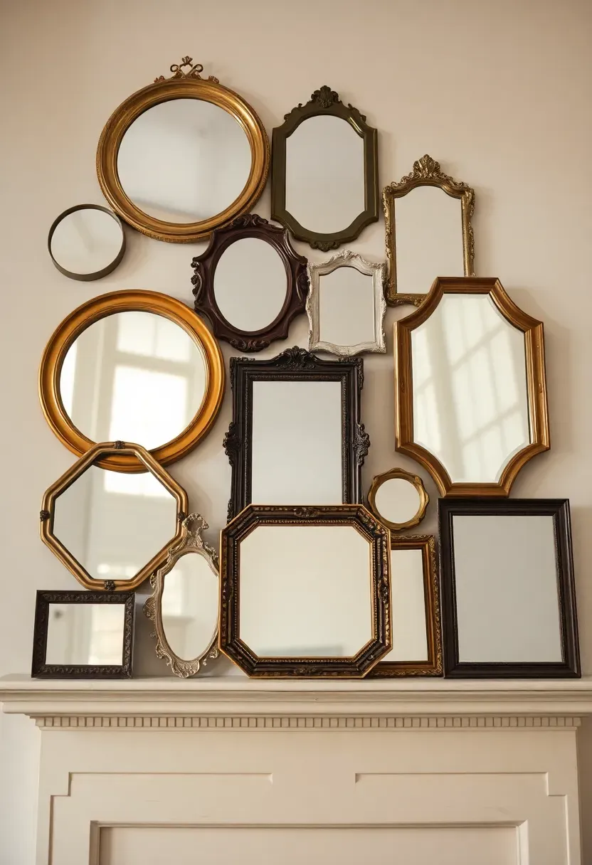 Collection of small decorative mirrors in various shapes and vintage frames arranged above fireplace