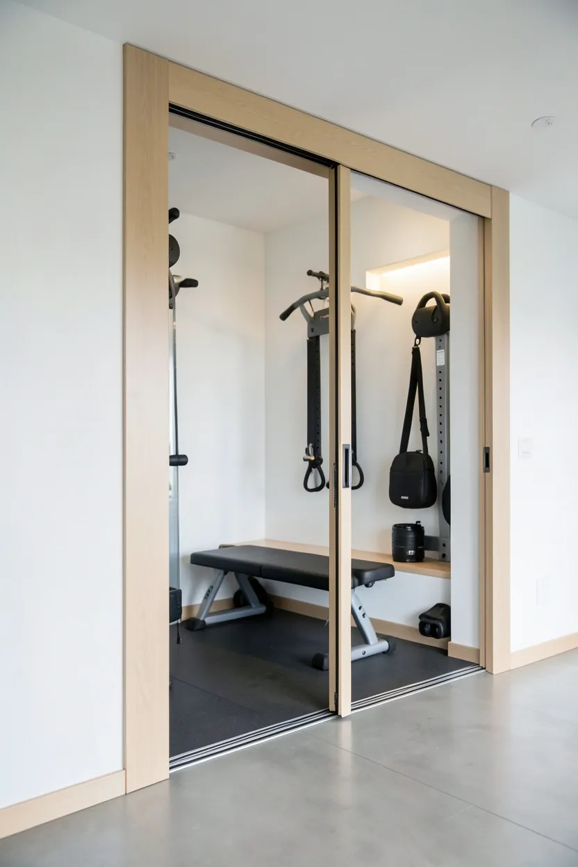 Barn door sliding open to reveal hidden home gym equipment in a small apartment room alcove