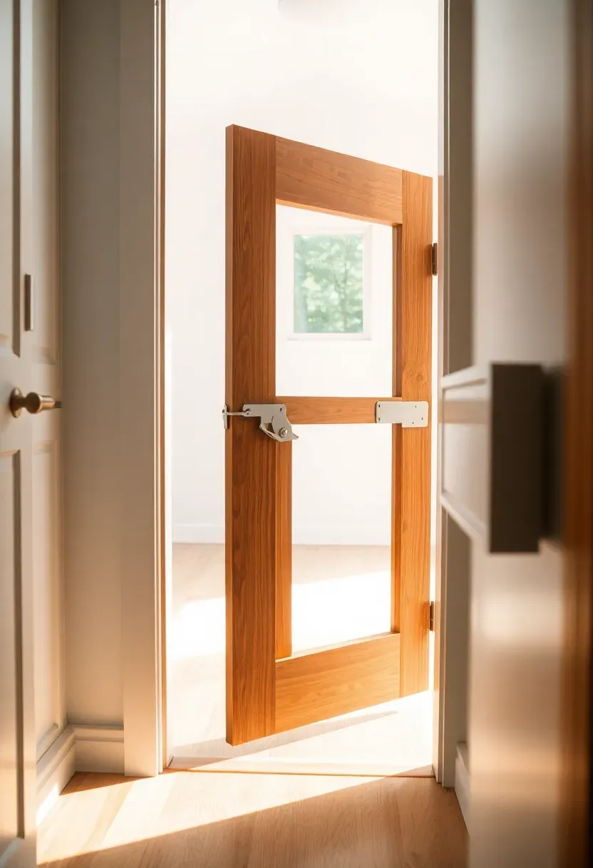 Hyper-realistic 3/4 view of tiny house doorway with built-in folding pet gate, showing gate in closed position across door frame with matching wood stain to trim, folding hardware visible at side, latch mechanism detail, adjacent wall showing gate folded flat against wall when open. Materials: stained oak gate matching door trim, brushed nickel hardware, white walls, light wood floor. Warm natural light from doorway, soft shadows, visible tiny house context. Shallow depth of field on gate mechanism.</p>