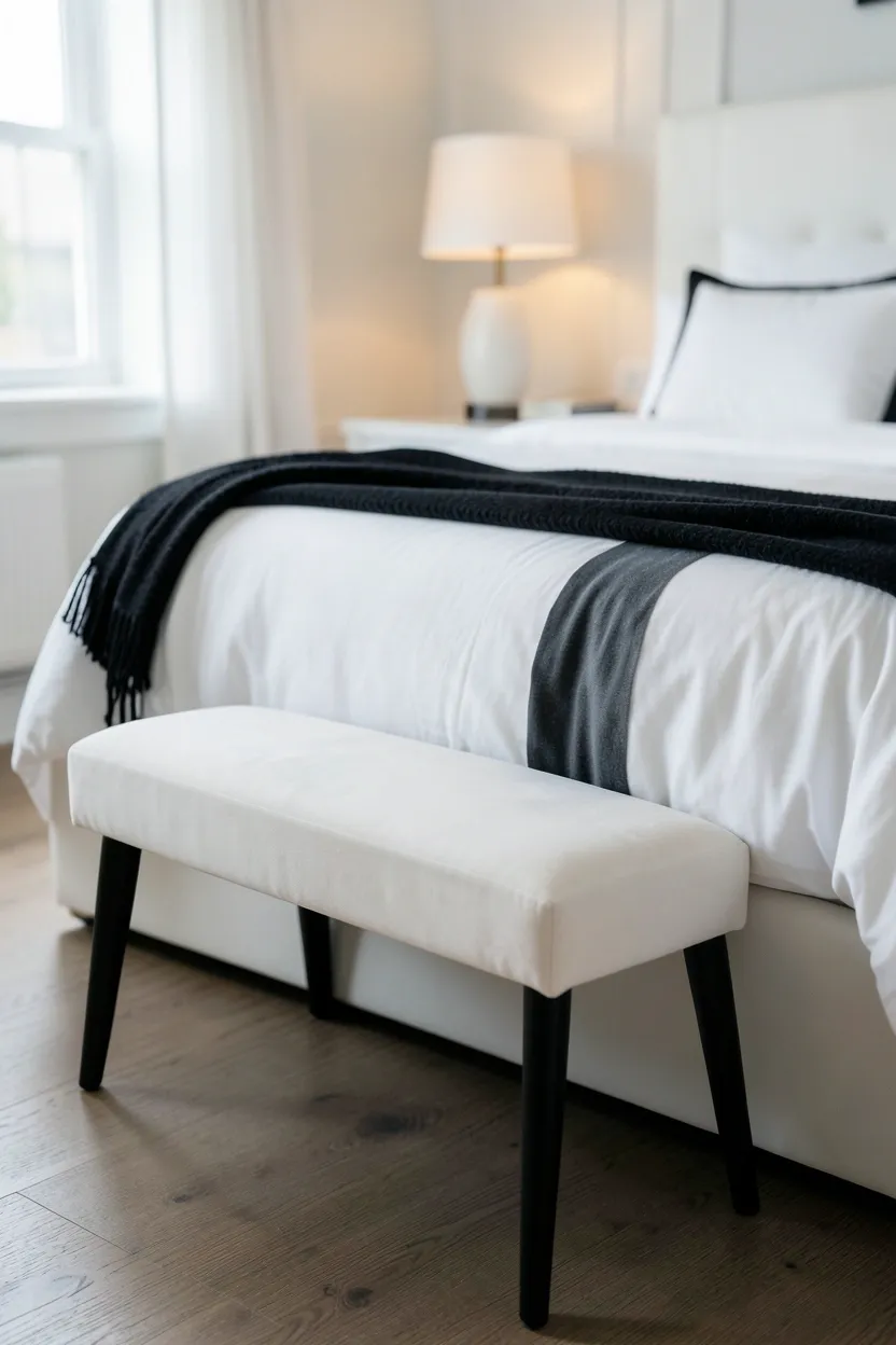 White upholstered bench with black metal legs at the foot of a bed in an elegant black and white bedroom