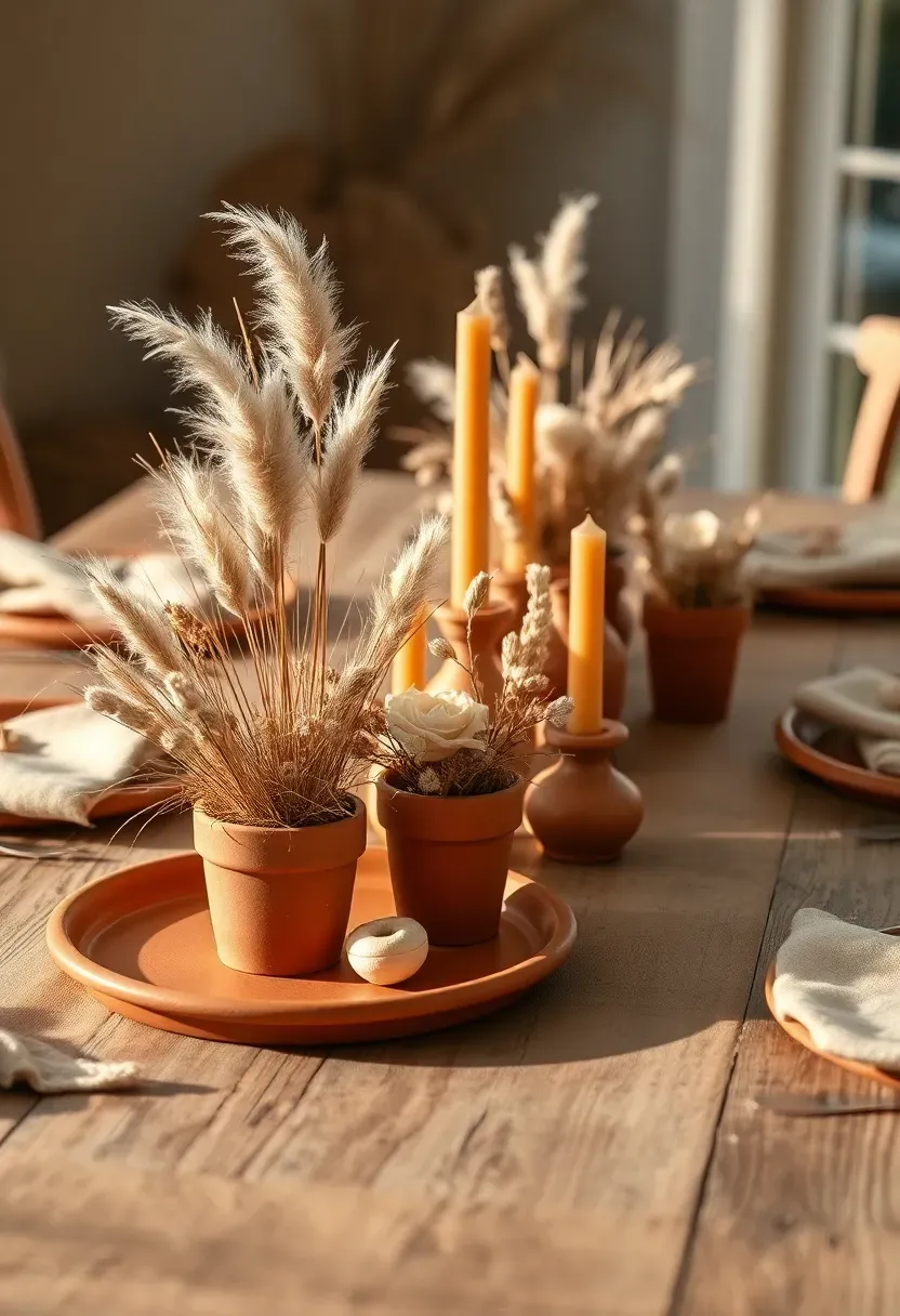 dried floral and terracotta Easter table with warm earth tones dried grasses and clay pots