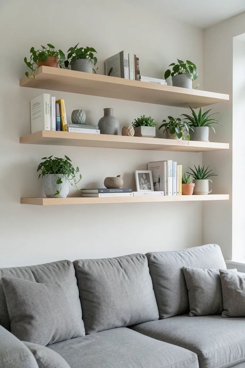 White floating shelves above a gray sofa displaying books and small plants in a small Scandinavian living room