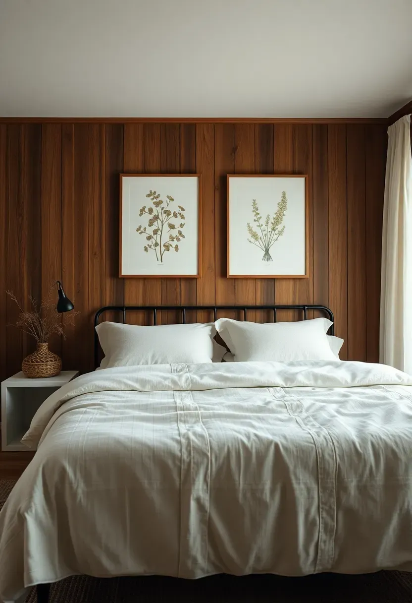 Smoked pine paneling with botanical prints