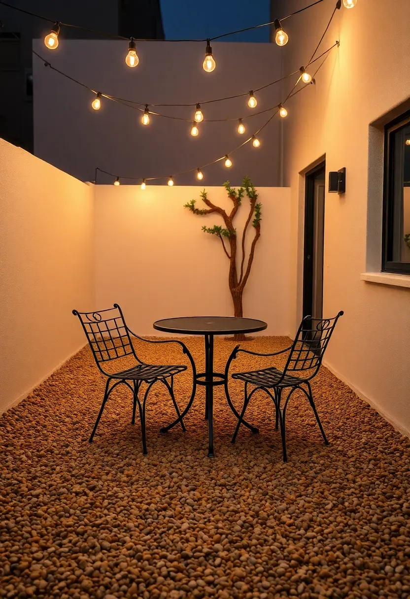 A pea gravel courtyard enclosed by low stucco walls with a round bistro table and metal chairs under a string light canopy at night