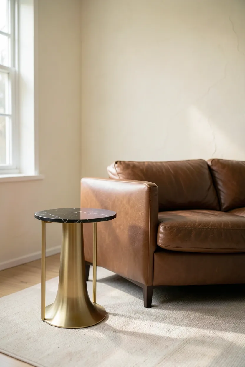 Slim brass side table with open base beside a brown couch in a minimalist living room, keeping floor space visually light