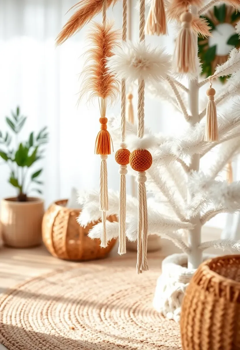 Hyper-realistic 3/4 view of a white Christmas tree decorated with macrame ornaments in cream and terracotta, dried pampas grass plumes, and woven textures. Materials: cotton macrame cord, natural dried grasses, cream wool tassels, wooden beads. Soft afternoon light (4000K), creating warm textures and gentle shadows on jute rug. Boho mood, shallow depth of field focusing on macrame knot details, visible room context with rattan furniture and plants. No text, no logos, no watermarks.</p>