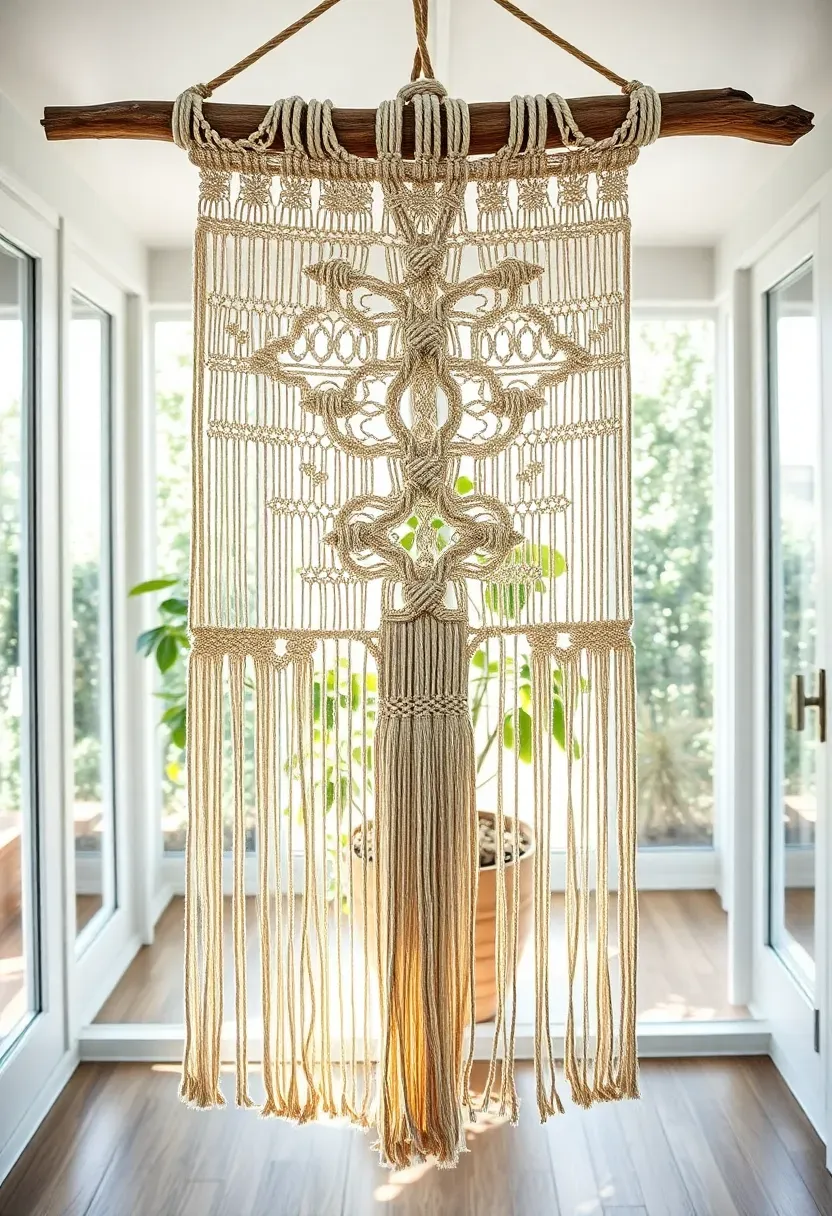 Macrame wall hanging serving as a room divider in an airy sunroom with plants visible behind it