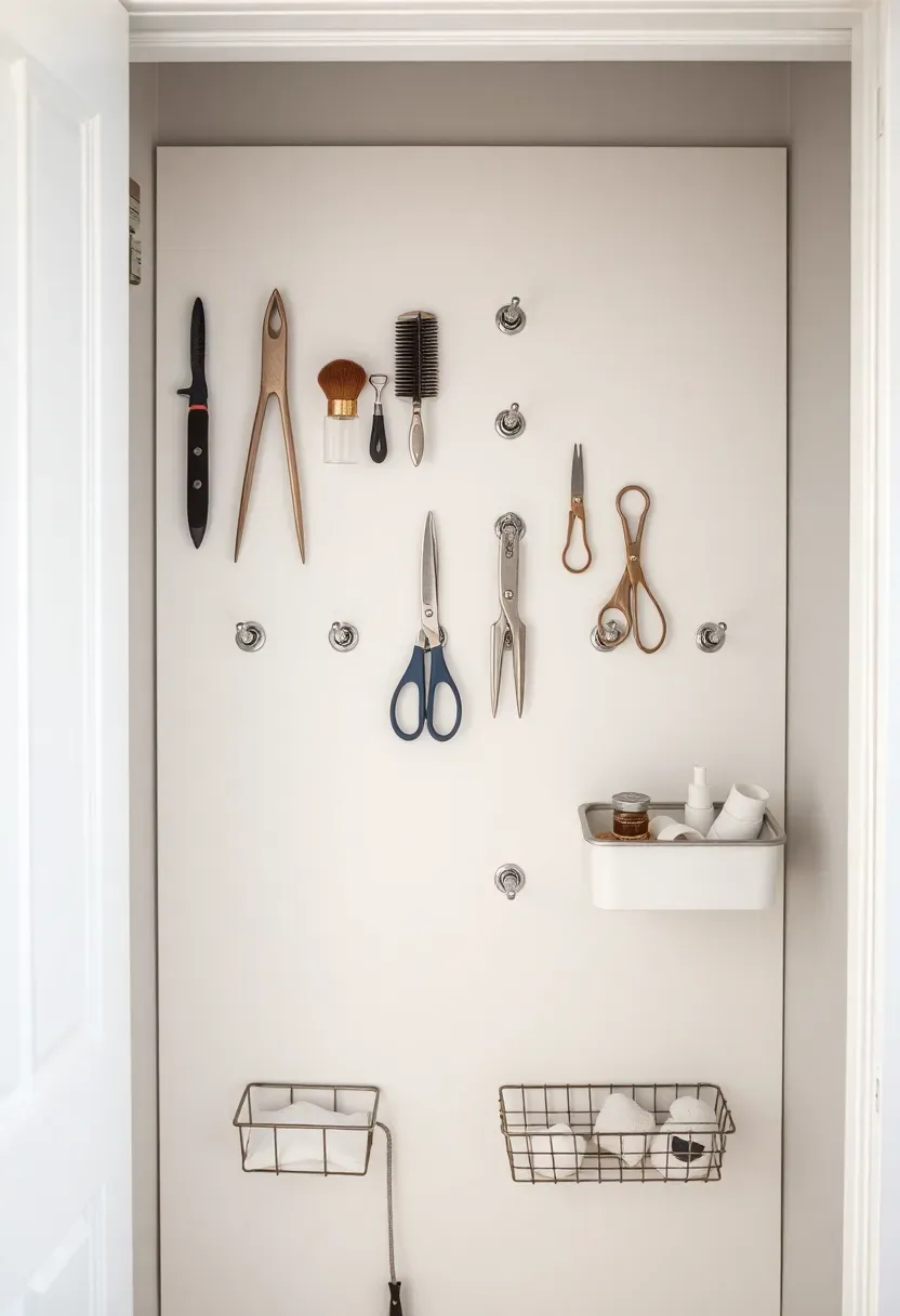 Inside of bathroom linen closet door fitted with white pegboard backing holding hair tools, scissors, and small bins on hooks