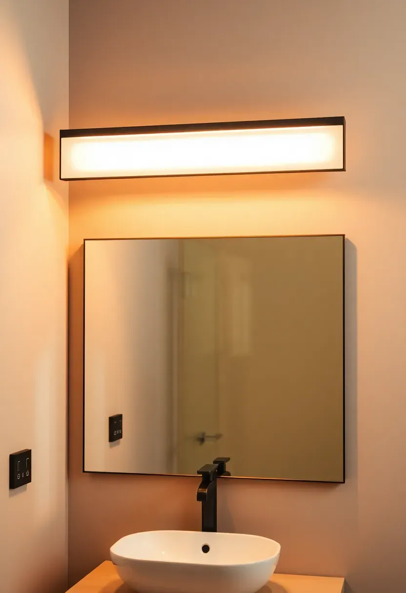modern black linear bathroom vanity light fixture above mirror