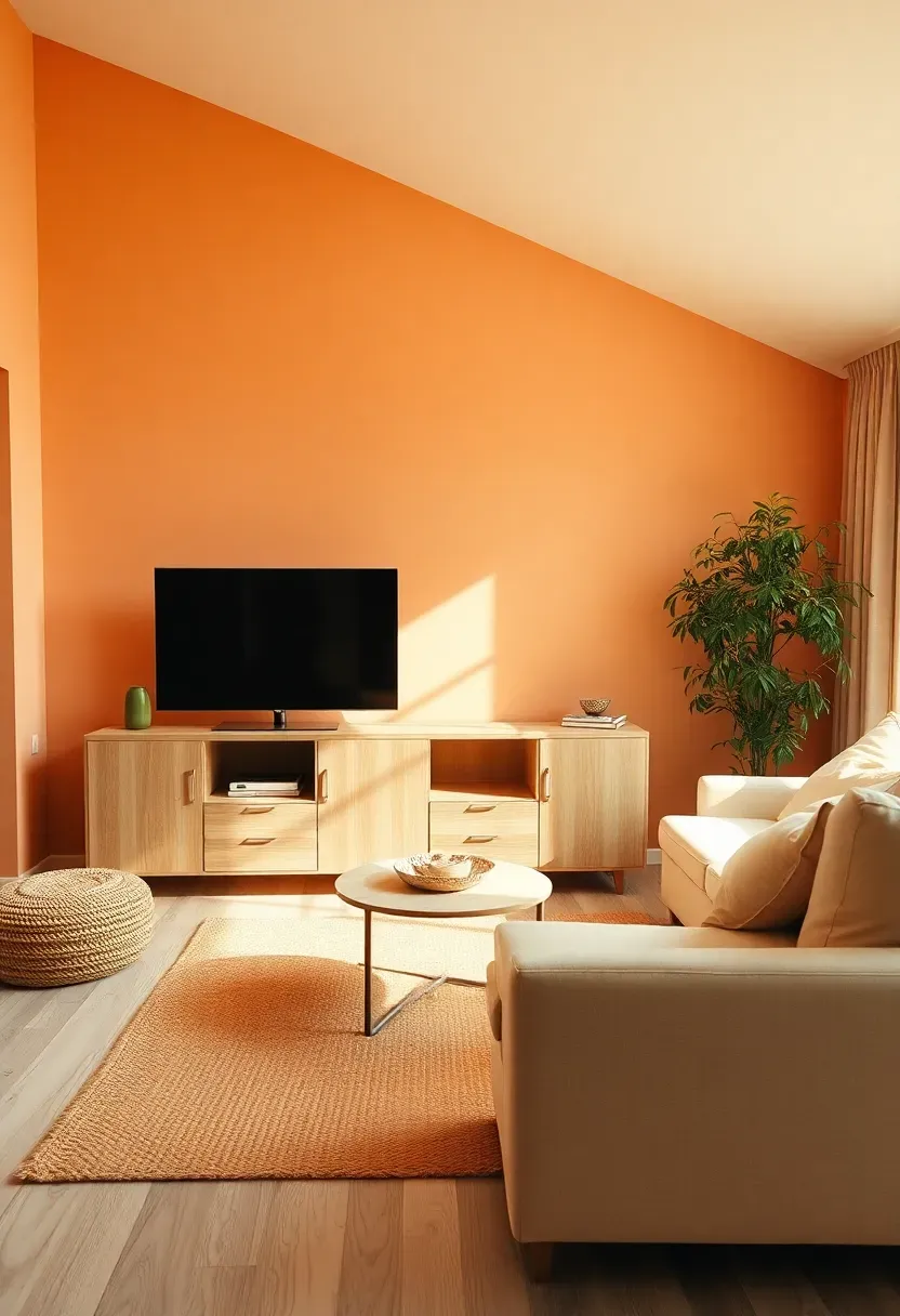 Hyper-realistic 3/4 view of a minimalist living room with peach walls, oak media console, cream sofa, jute rug. Materials: matte peach paint, white oak wood, cotton upholstery, natural jute. Warm golden hour light streaming through window, cozy shadows. Shallow depth of field, organic composition, visible texture. No text, no logos, no watermarks.</p>