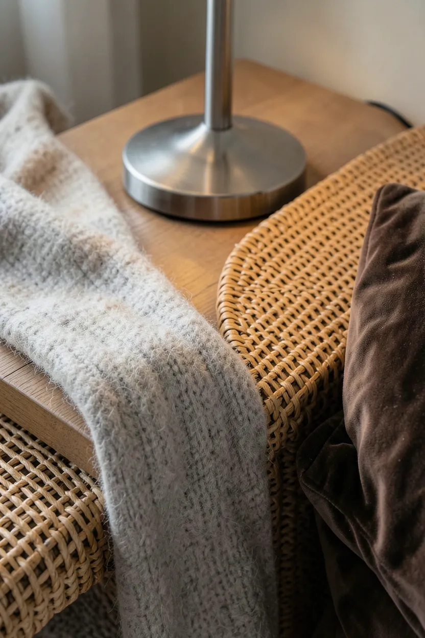 Rich layered textures in a vintage Scandinavian living room — velvet, wool, rattan, linen, and teak wood creating warm depth