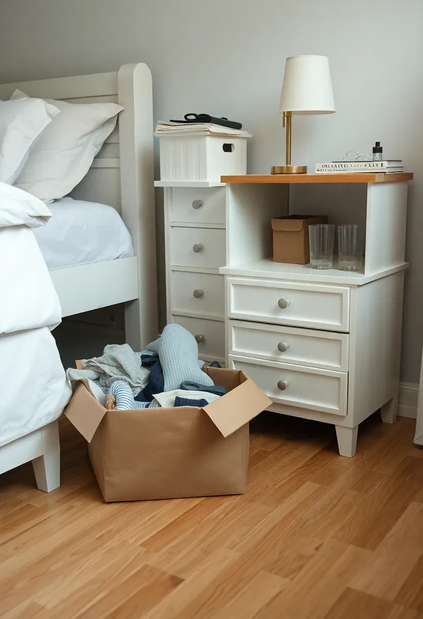 Bedroom corner cleared for decluttering with a donation box on the floor and a clean nightstand surface